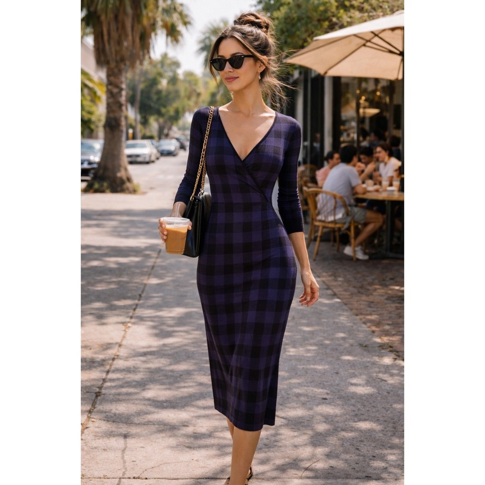 DIESEL Womens Black Blue Plaid Knit‎ Wrap Maxi Dress Long Sleeve